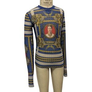 SM Frida Kahlo Mesh Long Sleeve Top Blue Gold Chain Baroque Graphic Print